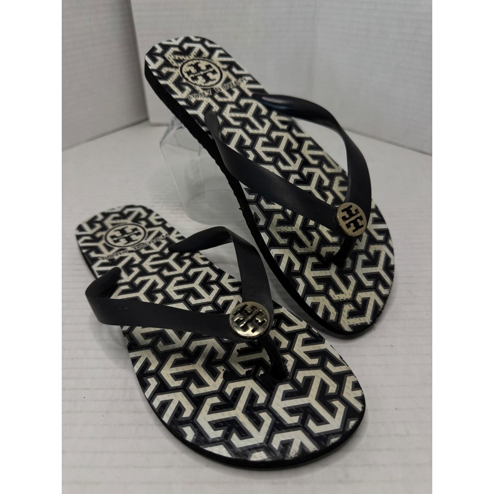 Tory Burch Flip Flops Women Black White Geometric Logo Medallion Sandal